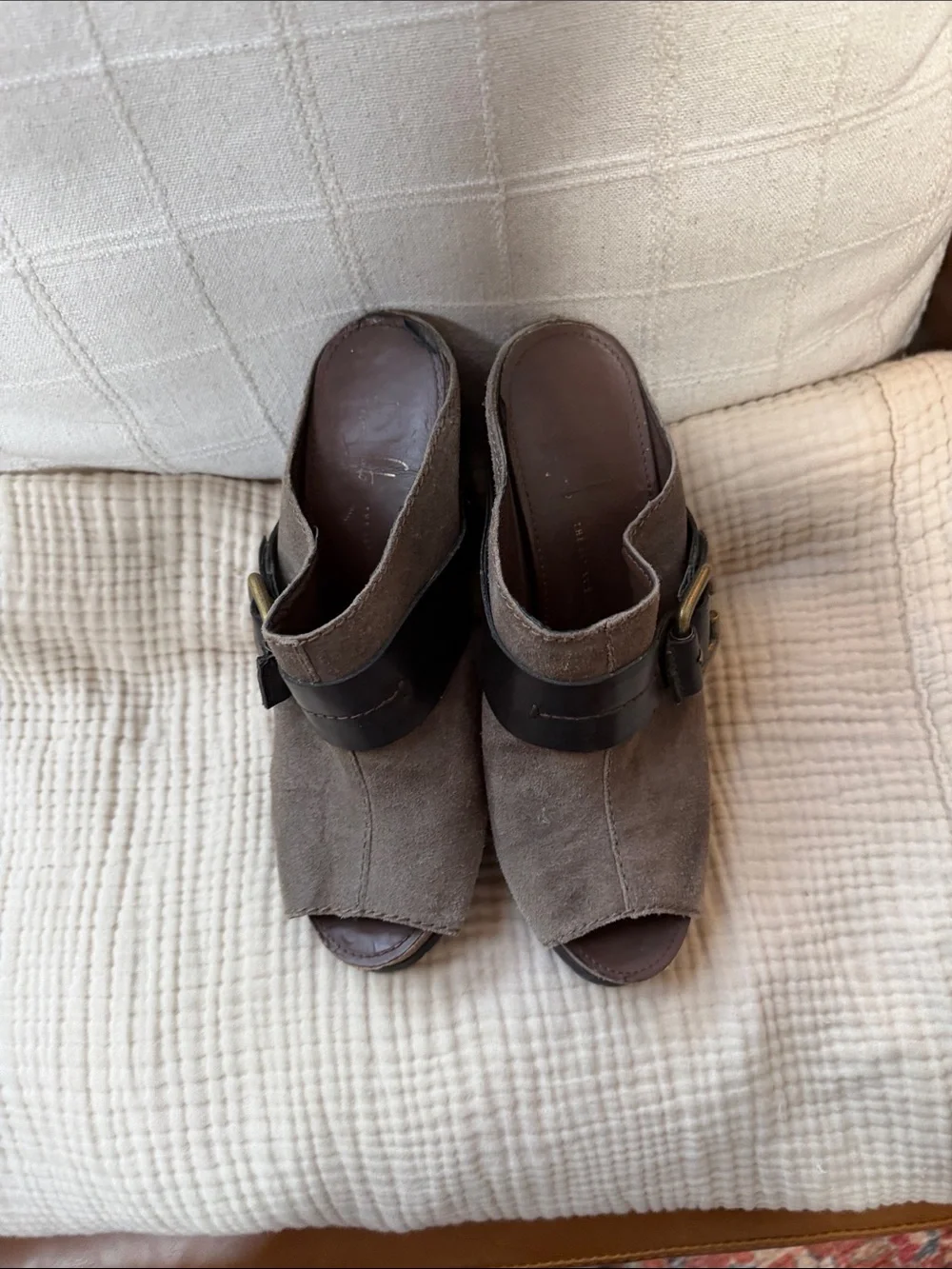 Franco Sarto Taupe Suede Open-Toe Wedge Mules
